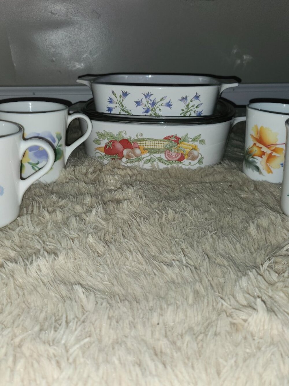 CorningWare casseroles and mugs